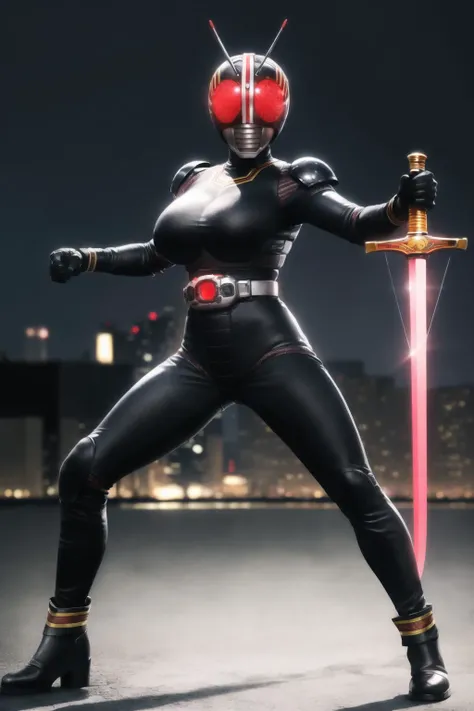 best quality,4k,8k,Kamen Rider Black, solo, night background, red eyes, glowing eyes, (1girl,mature woman,large breasts), full body, weapon, female focus, belt, sword, holding weapon, armor, holding sword, helmet, clenched hand, antennae, rider belt, <lora...