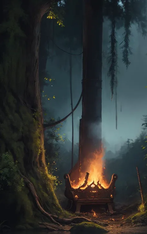 supernatural, Sweet, Jrmungandr, bursting into gentle, warm flames, with lush greenery in the foreground