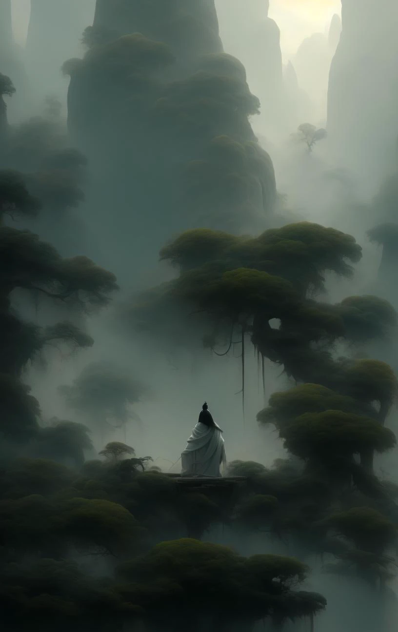 an painting in a style of oriental painting, in the style of matte painting, layered and atmospheric landscapes, rich and immersive, quiet contemplation, dark white and green, history painting, zen-inspired, grandeur of scale, highly detailed, dynamic, cin...