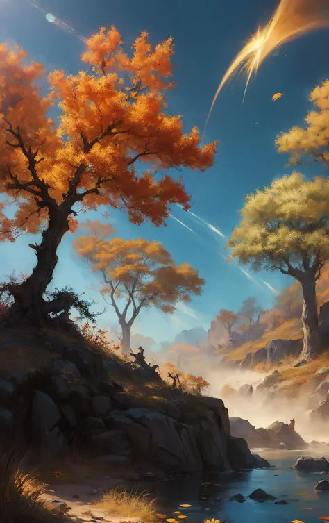 art by Cornelis Springer, Anime, best quality, Burning Tired "The Nexus of Embellishment", autumn flowers, soft focus, Masterpiece, Amusing, Sun Rays, Circular polarizer, League of Legends Splash Art, concept art