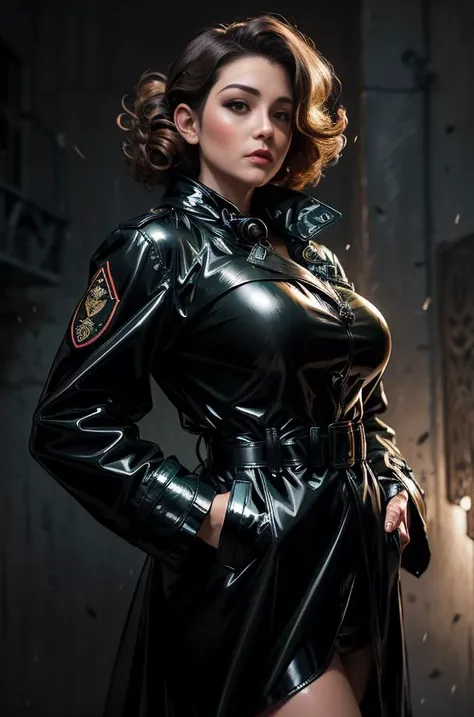 ( Once upon a time, art nouveau), (((curvy Milf woman wearing a shiny latex WW2 military navi uniform, (black oversized military raincoat coat)))), naughty face, black eyes, albert lynch, (( 20s haircut Marcelled hair, fingerwaves curls)), ((art nouveau fr...