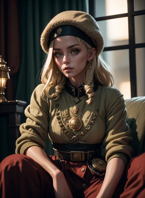 postapocalypse, High detail RAW color Photo, closeup shot, of (rebellious Polish woman, wearing Slavic attire, military Cossack Ushanka), (sitting on couch in (Atompunk) soviet union living room), (Cyrillic tattoos), (elegant, beautiful face), (retrofuturi...