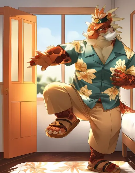 (((detailed eyes, detailed face))), (bara, itzamna <lora:character_itzamna_findigo_v1:1>, facial hair, dragon tail), male, (plump, fat, chubby, overweight), (hawaiian clothes, print shirt, short sleeves, sandals, grey pants), (kicking), dynamic pose, smile...