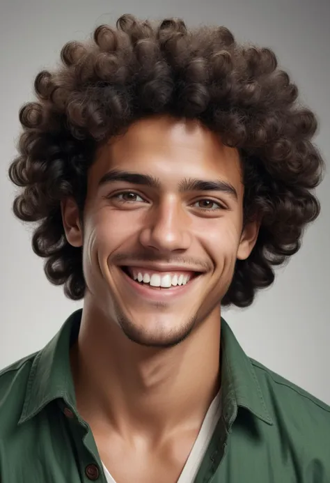 (medium full shot) of young man, average build, medium dark afro hair, spanish, tan skin, dark green eyes, smiling, detailed fac...