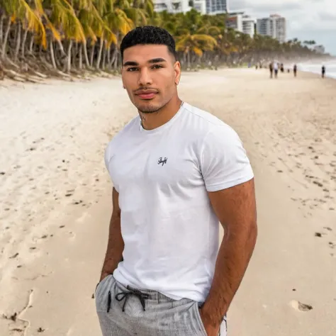 close-up photo of a young Puerto Rican man, wearing a white t shirt, gray pants, at a beach,  <lora:Papi_rican_sdxl:1>