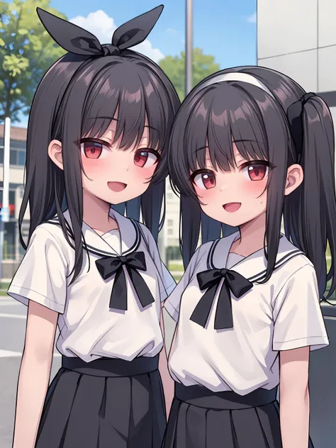 masterpiece, best quality, long_hair, looking_at_viewer, blush, smile, open_mouth, multiple_girls, skirt, shirt, black_hair, red_eyes, 2girls, white_shirt, short_sleeves, hairband, black_skirt, (upper_body:1.2),<lora:Kamita Style_v1:0><lora:kam-000030:0><l...