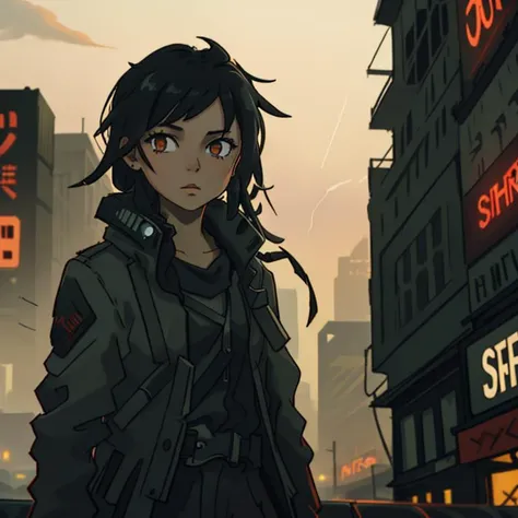 A close up photo of young women. black hair,  A decaying city skyline, shrouded in perpetual twilight. Dilapidated buildings reach towards the darkened sky, and remnants of billboards flicker with faded neon lights. The atmosphere is thick with smog, givin...