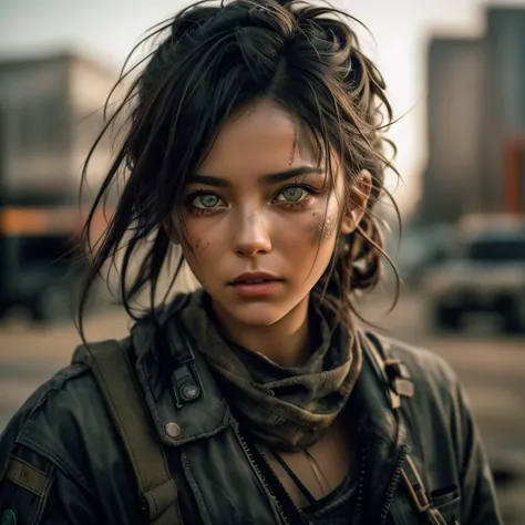 A photo of a resourceful scavenger navigating a desolate urban landscape, her attire a mix of patched clothing and tactical gear. Her piercing green eyes, hardened by survival, reflect her resilience and adaptability. The background depicts collapsed build...