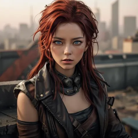 A photo of a skilled archer with vibrant red hair, perched on a crumbling rooftop, overlooking a post-apocalyptic cityscape. She wears a mixture of leather and fabric, blending practicality with style. Her piercing blue eyes and focused expression reflect ...