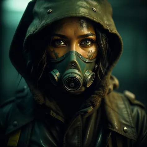 A cinematic, up close photograph of A woman, her face covered in grime and scars. She wears a patched leather jacket and a worn - out gas mask, showcasing her survivalist nature. The color style is desaturated with a slight teal tint, enhancing the gritty ...