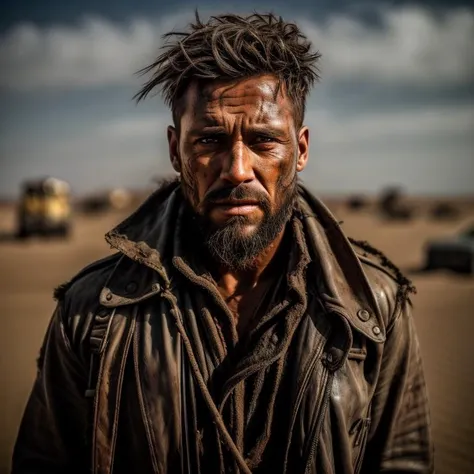 A photo of a man, in the style of Mad Max. He stands tall amidst the chaos, with a determined expression on his face. His attire consists of a worn and tattered leather trench coat, wrapped tightly around his body. Underneath, he wears a faded and frayed d...