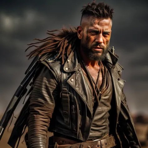 A full-body photo of a man, in the style of Mad Max. He stands tall and fierce, with an intense expression on his face. He wears a weathered leather vest adorned with metal spikes and patches, over a torn and dirt-streaked shirt. His pants are rugged cargo...