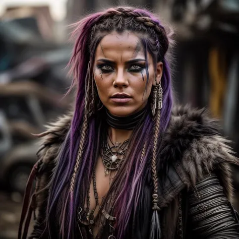 A photo of a woman in the style of Mad Max, with vibrant purple hair styled into braids and adorned with metal trinkets. She wears a ragged cloak made from animal furs, showcasing her survival skills in a post-apocalyptic setting. Her intense amber eyes ra...