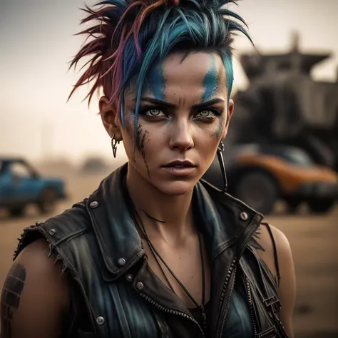 A photo of a woman in the style of Mad Max, with a shaved head except for a single strip of vibrant blue hair running down the center. She wears a patched and torn denim vest, adorned with various badges and spikes, showcasing her fearless attitude. Her in...