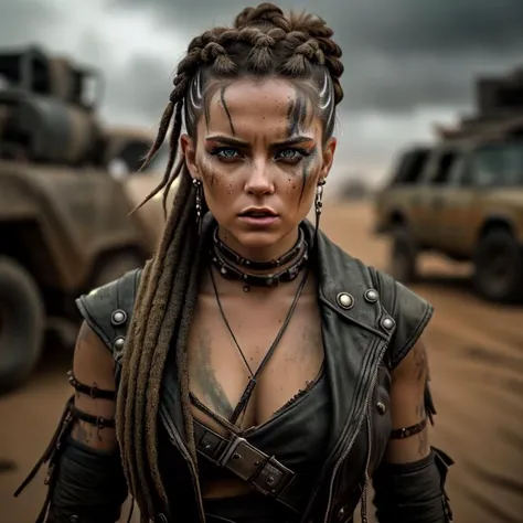 photo of a woman, in a cinematic style reminiscent of Mad Max. She exudes strength and resilience, with a piercing gaze. She wears a weathered and battle-worn armor, crafted from repurposed metal scraps and leather straps. Her boots are heavy-duty, with sp...