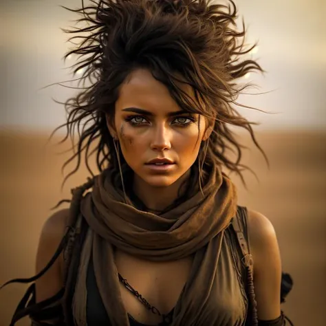 photo of a woman, in a cinematic style reminiscent of Mad Max. She possesses a fierce and captivating beauty, with a confident expression. She wears a billowing, flowing dress made from tattered, earth-toned fabrics, adorned with intricate drapes and fraye...