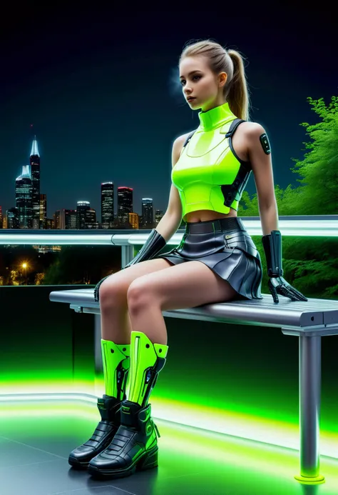 (medium full shot) of (attractive young woman:1.1) android,             wearing skirt, tank top, Graphene-reinforced robotic arms with glossy graphite exterior, neon green highlights, modular attachments, Bioengineered legs enhancements with organic tissue...