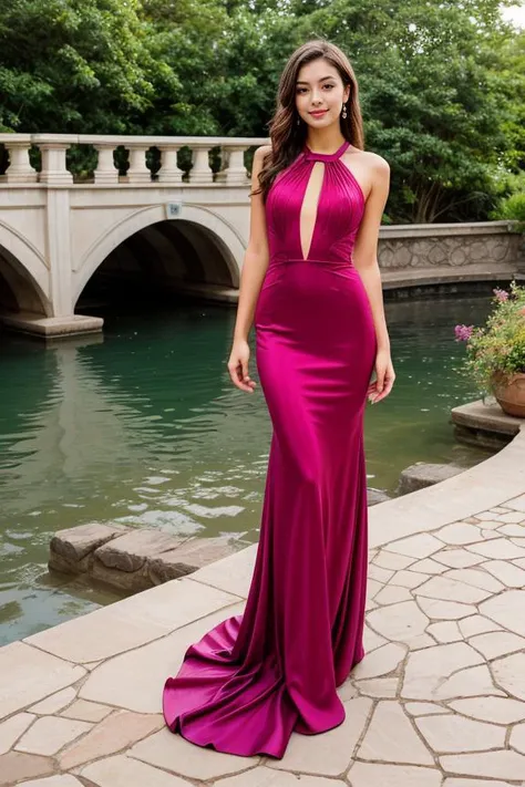 a woman in a pink dress standing on a stone walkway