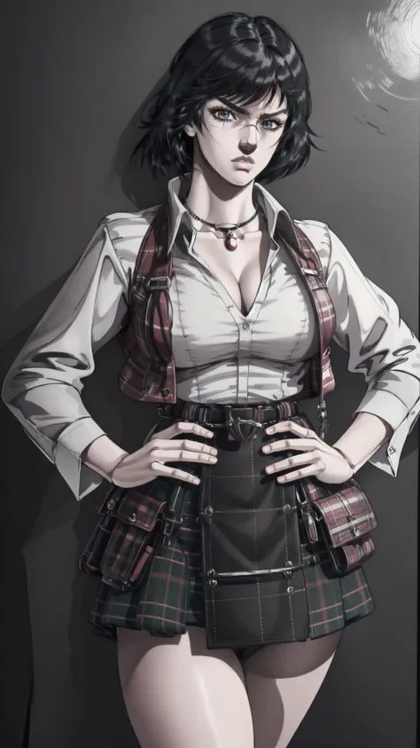 <lora:JOJOS_BIZARRE_ADVENTURE_Part1and2_ComicStyle-000055:0.75>  <lora:dmc3_lady-10:0.8> dmc3lady, scar, heterochromia, shirt, plaid skirt, necklace, pouch, masterpiece, best quality, extremely detailed, highly quality, 4k, sharp focus, professional, sharp...