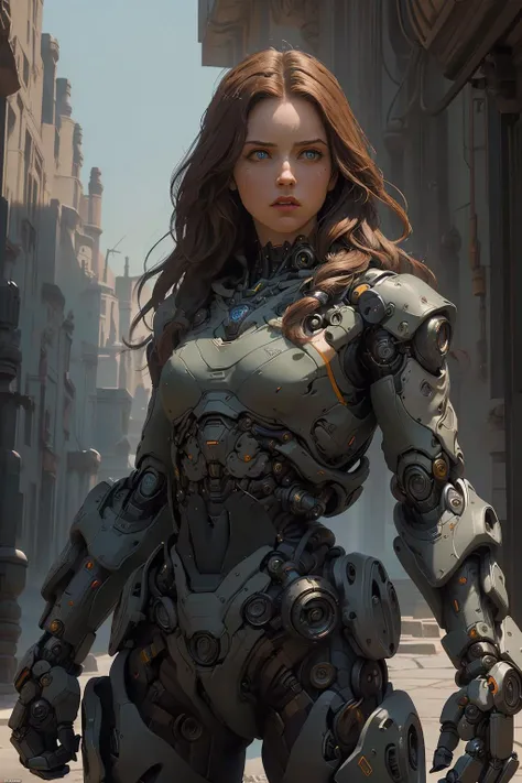 a woman in a futuristic suit standing in a city