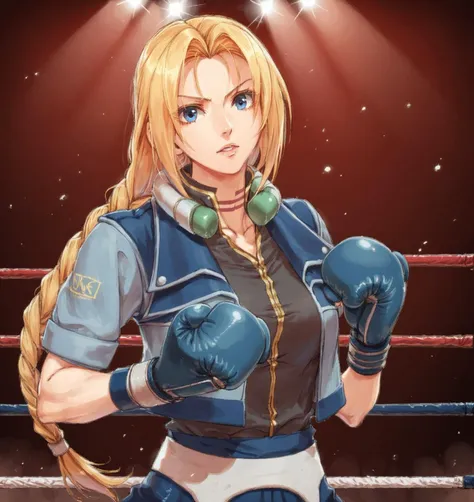 a woman in a boxing ring with a ponytail and a pair of gloves