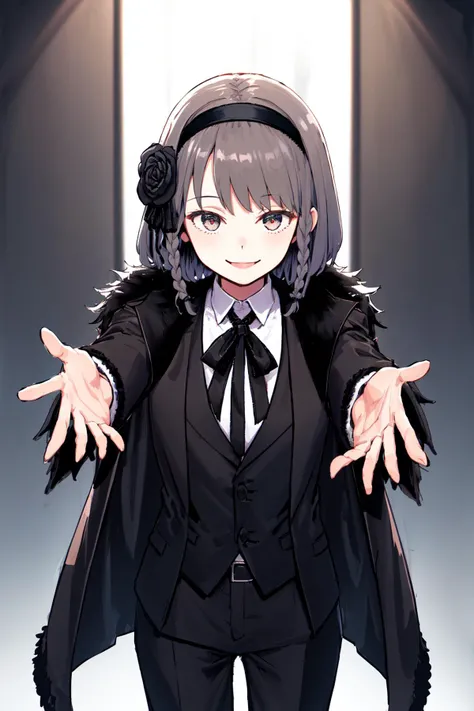 masterpiece, best quality, highres, 1girl short hair hairband hair flower braid, black jacket black fur trim black coat suit long sleeves shirt collared shirt neck ribbon black pants suit <lora:oscar:1> outstretched arms, reaching out, smile