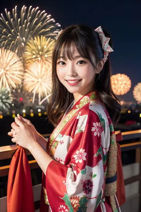 araffe woman in kimono standing on a bridge with fireworks in the background