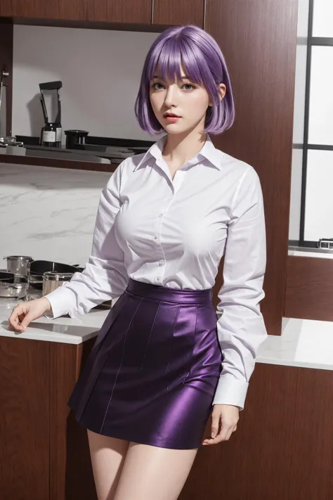 8k,best quality,ultra high res,beautiful,sfw, realistic,1 girl,young girl,perfect breasts,purple hair,long hair, short hair,kitchen room, white shirt,black skirt, standing, (ultra_hd, hd, hdr, 8k,best quality,high quality), <lora:add_detail:0.3>, hyperdeta...
