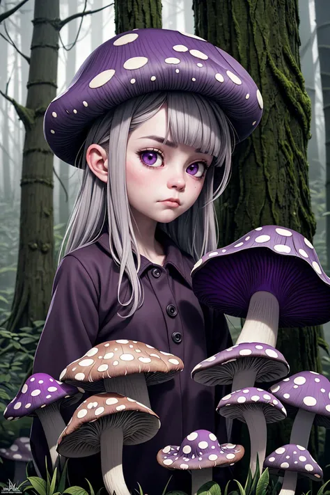 style of Shawn Coss, ultra detailed, sharp focus, best quality, masterpiece, 1girl, gray hair, pale skin, sad face, cute face, forest background, dark and gloomy atmosphere, (purple mushroom hat), upper body shot, best quality, masterpiece, intricate detai...