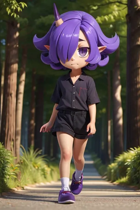 (masterpiece, best quality:1.2), highres, best illustration, 8k wallpaper, innkki, oni horns, single horn, pointy ears, purple hair, long hair, hair over one eye, purple eyes, one eye covered, looking at viewer, full body, walk on road, in magic forest,   ...