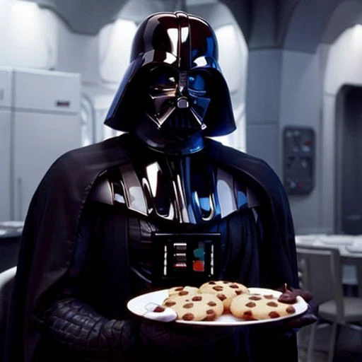 darth vader holding a plate of cookies in a kitchen