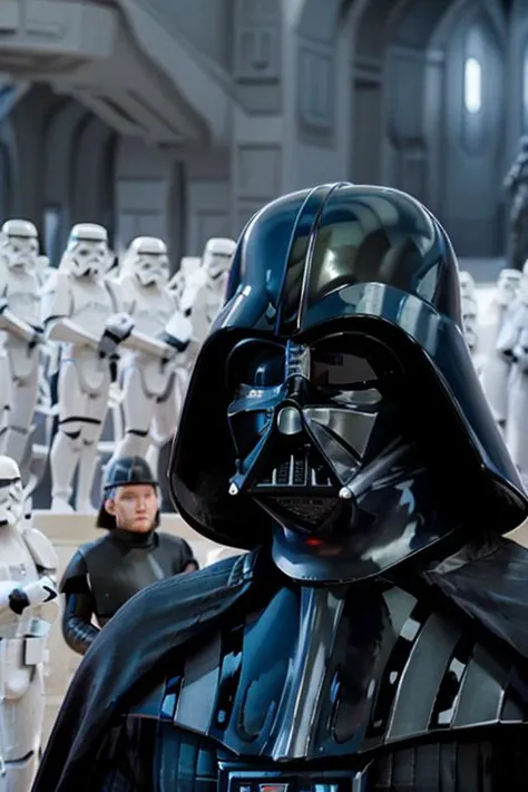 darth vader and stormtroos in a star wars scene