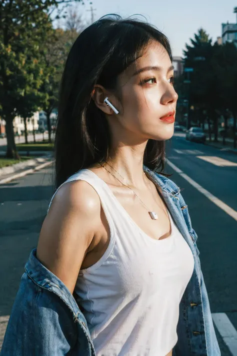 (best quality:1.4), (ultra highres:1.2), (photorealistic:1.4), (8k, RAW photo:1.2),(portrait shot:1.3), airpods,earphones, 1girl, solo, long hair, upper body, earbuds, from side, outdoors, jacket, open jacket, denim jacket, white tank top, rouge, film grai...