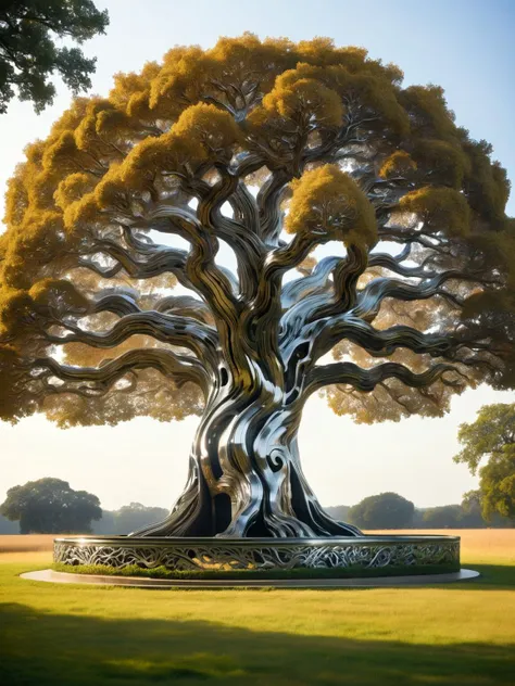 A majestic DonMSt33lM4g1cXL oak tree with leaves of thin, stainless steel that rustle metallically in the wind, the trunk intricately carved steel <lora:DonMSt33lM4g1cXL:1>, <lora:EnvyBetterHiresFixXL01:0:hr=1>