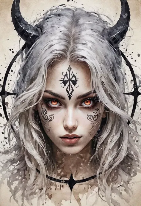 a woman with horns and a cross on her face