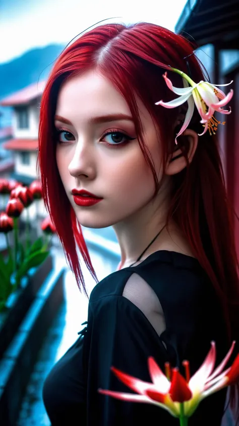 1girl, spider lily, red flowers, rain, sky, mountain, long hair, upper body, from above, Dark shot, city street, pastel goth, sexy goth girl, photo of cute 24 years old redhead woman, cinematic shot, hard shadows, photorealistic, cute face, looking at view...