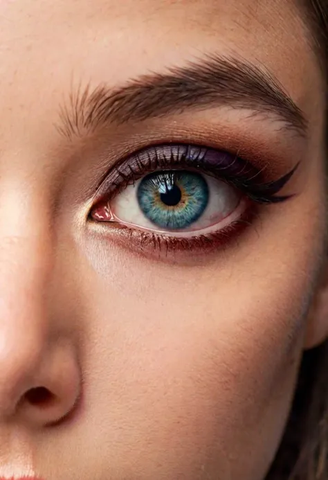 a close up of a woman with blue eyes and a red lip