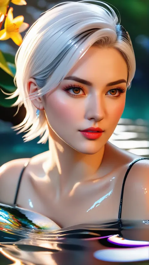 photorealistic, realistic photo, ultra realistic, ((short parted down middle white hair)), solo, masterpiece, best quality, perfect face, (anime style:0.4), body shot of a shy european woman with short parted down the middle hair with no bangs, (white rain...