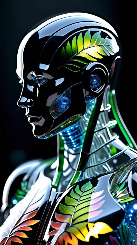 high detailed professional upper body photo of a transparent porcelain android looking at viewer, with glowing backlit panels, anatomical plants, dark forest, night, darkness, grainy, realistic, shiny, intricate plant details, with vibrant colors, colorful...