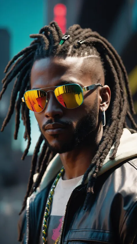 super high res, melhor qualidade, foto, 16k, (photorealistic: 1.2), cinematic lighting, In addition he wears mirrored sunglasses and also has dreads in his hair (Cyberpunk 2020), photo of a black man with rasta hair, photorealistic