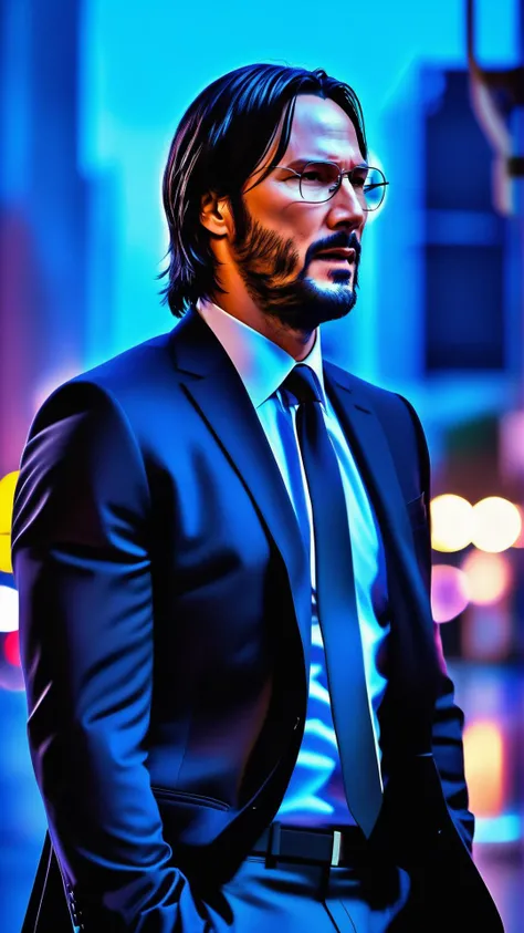 photo of john wick in a night city, photorealistic, full body closeup, vibrant, beautiful, crisp, detailed, ultra detailed, intricate, serious face, serious pose, john wick with black glasses, ultra realistic, soft colors, smiling face