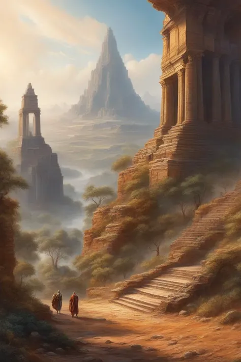 hyperrealistic art Art Inspired by Ancient Civilizations  scifi landscape, beautiful colours, sharp textures, nikolay georgiev, alex ross, bruce pennington, donato giancola, larry elmore, masterpiece, oils on canvas, trending on artstation, featured on pix...