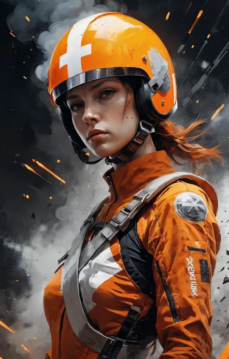 girl, orange clothes and halmet whith white x cross,smoke,sparks,Enki Bilal, grimdark, front view, bold lines, masterpiece,hyper detailed,poster,high contrast <lora:add-detail-xl:1>