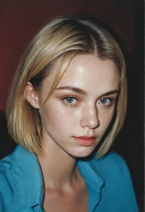 a close up of a woman with a blue shirt and a red background