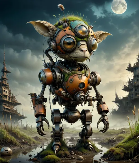 macro photography masterpiece, detailed hyperrealism, Craig Mullins, Jon Burgerman, geof darrow, jean-baptiste monge style - a bio mechanoid by jean-baptiste monge, (long fur on the head),  (dumb face:1.4), grass, sand and debris in the ground, swamp, (sma...