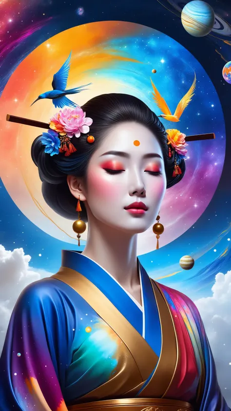 a beautiful girl , closed eyes, portrait , style-paintmagic , (((splash of paint))), (((colorful))), (((floating colorful paint))), goddess of death, Japanese mythology,(featuring mythical creatures), solar system, milky way, dream, fantasy, (abstract back...