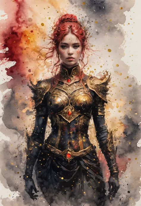 a painting of a woman in armor with red hair and a red eye