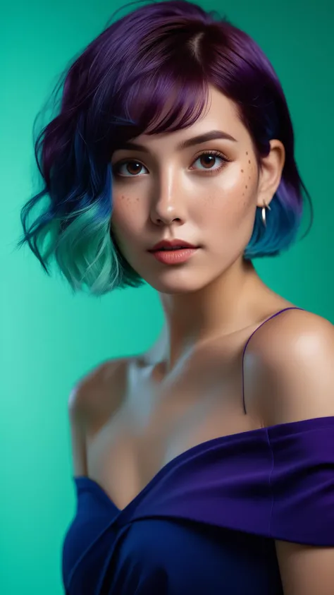 (masterpiece, best quality, ultra realistic, 32k, RAW photo, detail skin, 8k uhd, dslr, high quality, film grain:1.1), short hair, Electric blue hair:1.1, portrait, lady, brown eyes, deep purple Off-the-shoulder top/dress, freckles, (Mint green gradient ba...