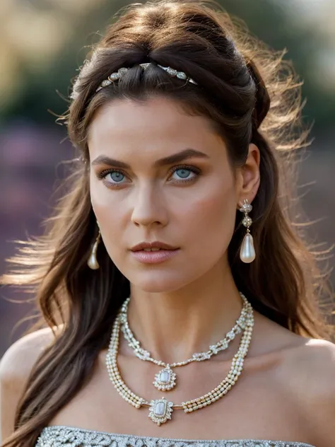 A beautiful c4r0l4 woman, 1girl,solo,long hair,looking at viewer,blue eyes,simple background,brown hair,dress,bare shoulders,jewelry,earrings,parted lips,necklace,lips,makeup,headband,portrait,realistic,pearl necklace,soft lighting, professional Photograph...