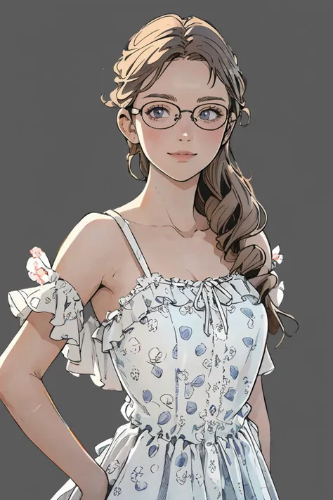 anime girl with glasses and a dress with flowers on it